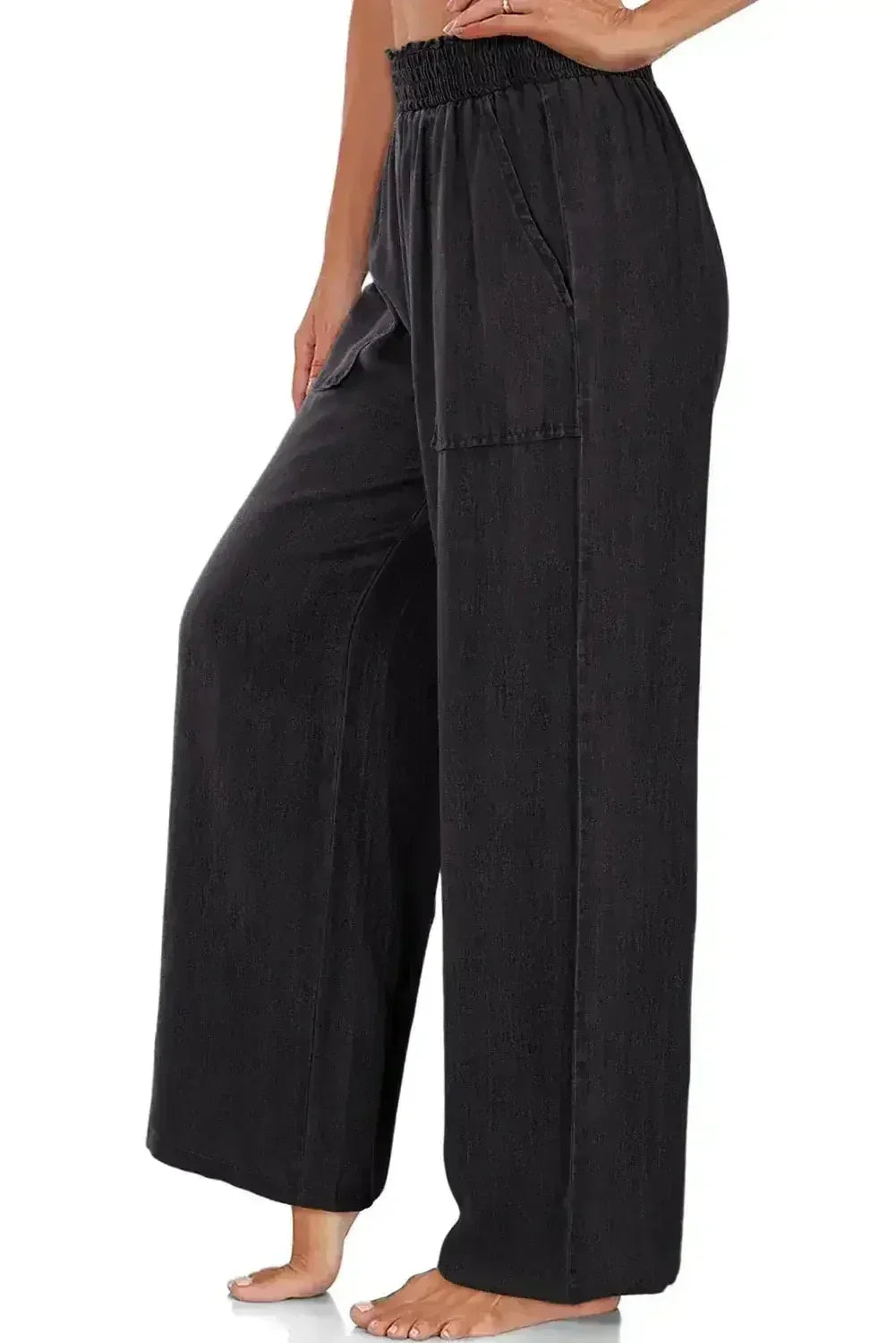 Black Side Pockets Frilled Smocked High Waist Wide Leg Jeans - Femstylo