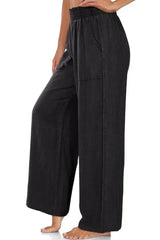 Black Side Pockets Frilled Smocked High Waist Wide Leg Jeans - Femstylo