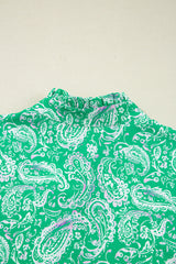 Green Paisley Print Long Sleeve Button Front Tied Waist Mini Dress
