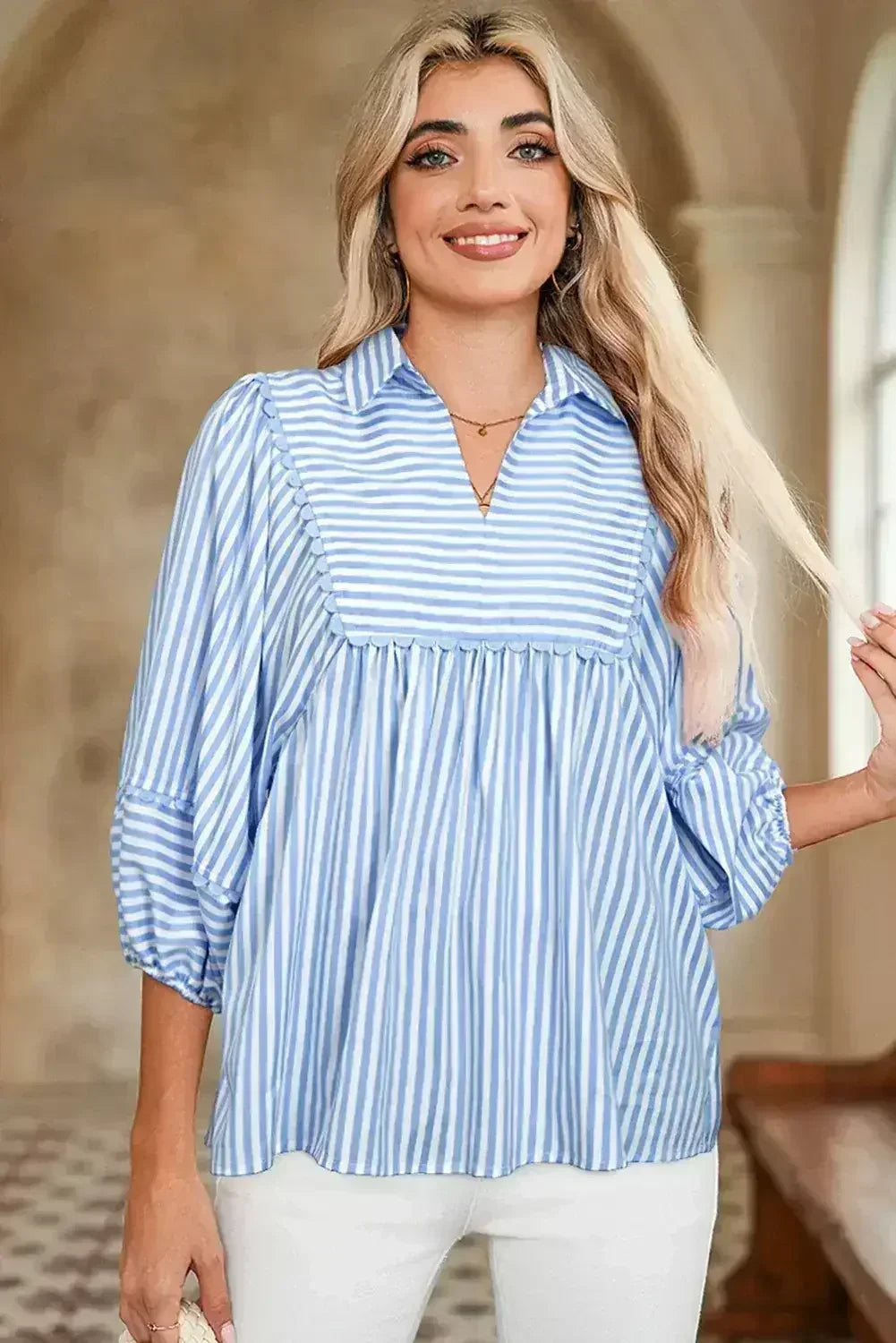 Sky Blue Striped Ric Rac Trim Collared V Neck Blouse - Femstylo