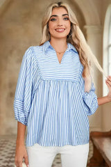 Sky Blue Striped Ric Rac Trim Collared V Neck Blouse - Femstylo