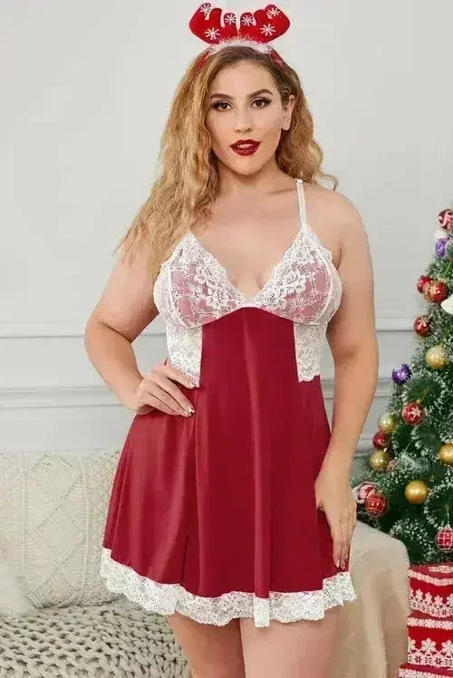 Valentine's Lacy Hollow-out Back Plus Size Babydoll Lingerie - Femstylo