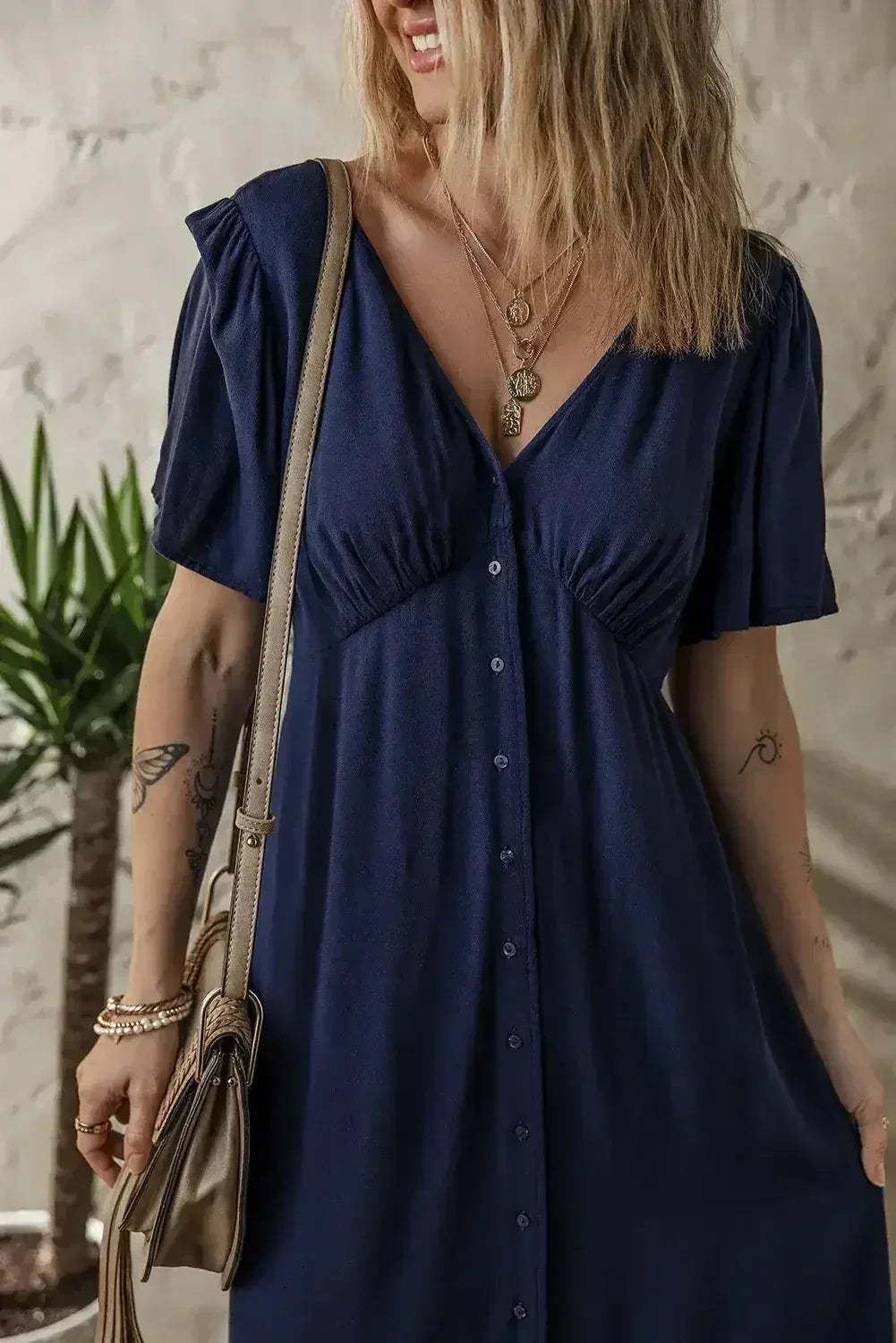 Navy Blue V Neck Buttoned Front Shirred Back Short Sleeve Midi Dress - Femstylo