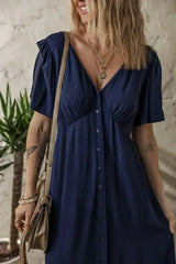 Navy Blue V Neck Buttoned Front Shirred Back Short Sleeve Midi Dress - Femstylo