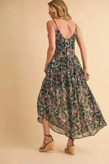 Aemi + Co Printed V-Neck Frill Tiered Cami Dress - Femstylo