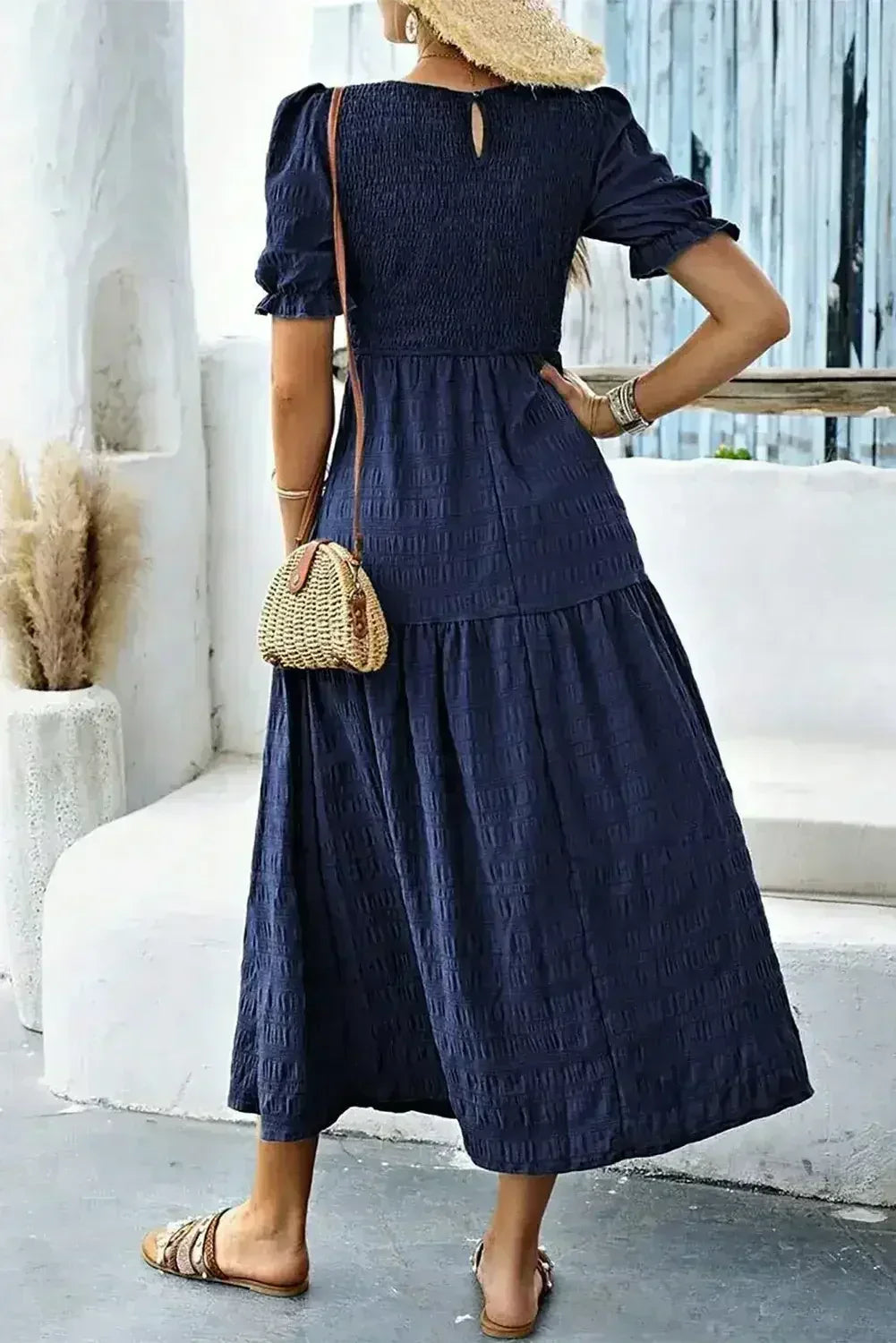 Sail Blue Solid Textured Smocked High Waist Midi Dress - Femstylo