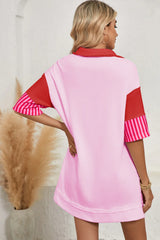 White Stripe Colorblock Sleeve Collared Pop of Color Neckline Dress