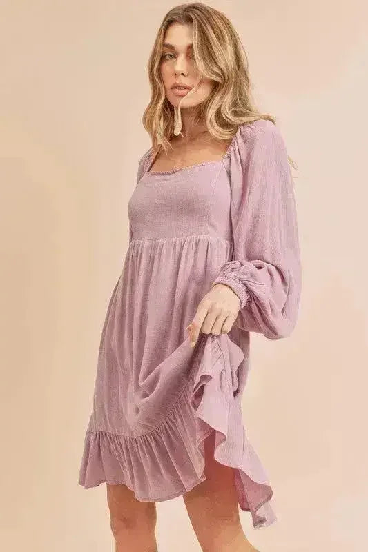 Aemi + Co Ruffled Hem Square Neck Balloon Sleeve Mini Dress - Femstylo