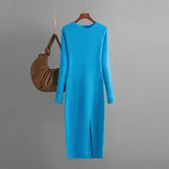 Autumn And Winter Long Sleeve Knitted Backless Round Neck Dress - Femstylo