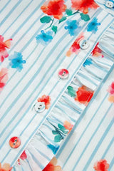 Sky Blue Striped Floral Print Ruffle Belted Mini Dress - Femstylo