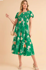 Green Floral Print Bubble Sleeve Smocked Tiered Midi Dress - Femstylo