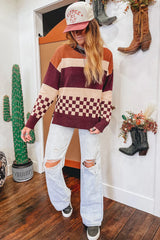 Brown Checkered Colorblock Knitted Drop Shoulder Sweater
