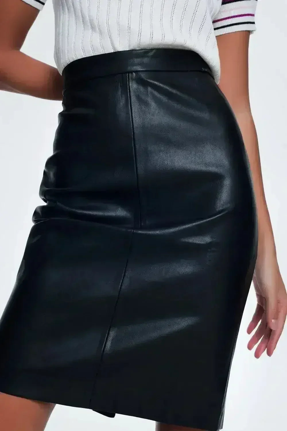 Black Faux Leather Pencil Skirt - Femstylo