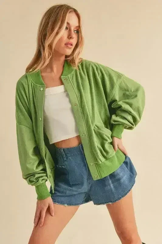 Snap Down Drop Shoulder Brushed Jacket | Femstylo - Femstylo