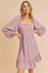 Aemi + Co Ruffled Hem Square Neck Balloon Sleeve Mini Dress - Femstylo