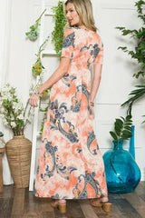 Celeste Paisley Print Short Sleeve Maxi Dress with Pockets - Femstylo