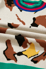 Apricot Contrast Ribbed Stripes Animal Pattern Knit Sweater