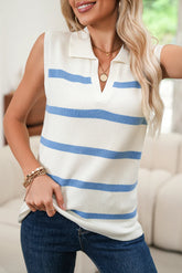 Sky Blue Striped Split V Neck Collared Ribbed Knit Vest