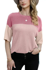 Black Color Block Ribbed Side Slits Half Sleeve Top - Femstylo