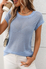 Sky Blue Hollow Out Short Sleeve Knit Top