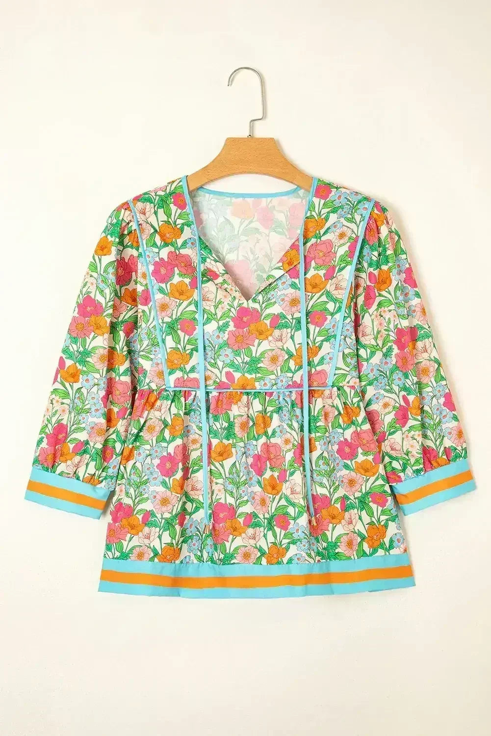 Green Floral Print Striped Trim Puff Sleeve Babydoll Blouse - Femstylo