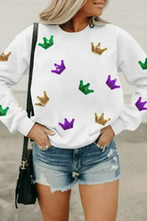 White MARDI GRAS Crown Graphic Drop Shoulder Sweatshirt - Femstylo