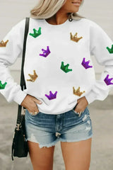 White MARDI GRAS Crown Graphic Drop Shoulder Sweatshirt - Femstylo