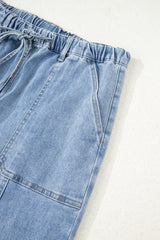 Beau Blue Drawstring Seam Detail Raw Hem Wide Leg Jeans