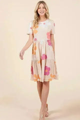 Floral Tiered Summer Dress - Round Neck Short Sleeve | BOMBOM - Femstylo