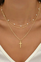 Gold Retro Multi-Layer Pearl and Cross Pendant Necklace Set - Femstylo