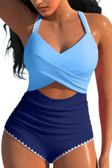 Rose Red Ric Rac Trim Colorblock Cutout One Piece Swimsuit - Femstylo