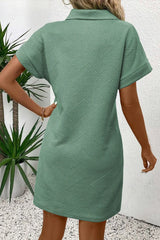 Bright Green Textured V Button Collared Mini Dress
