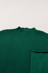Green Patch Pocket Ribbed Knit Short Sleeve Sweater