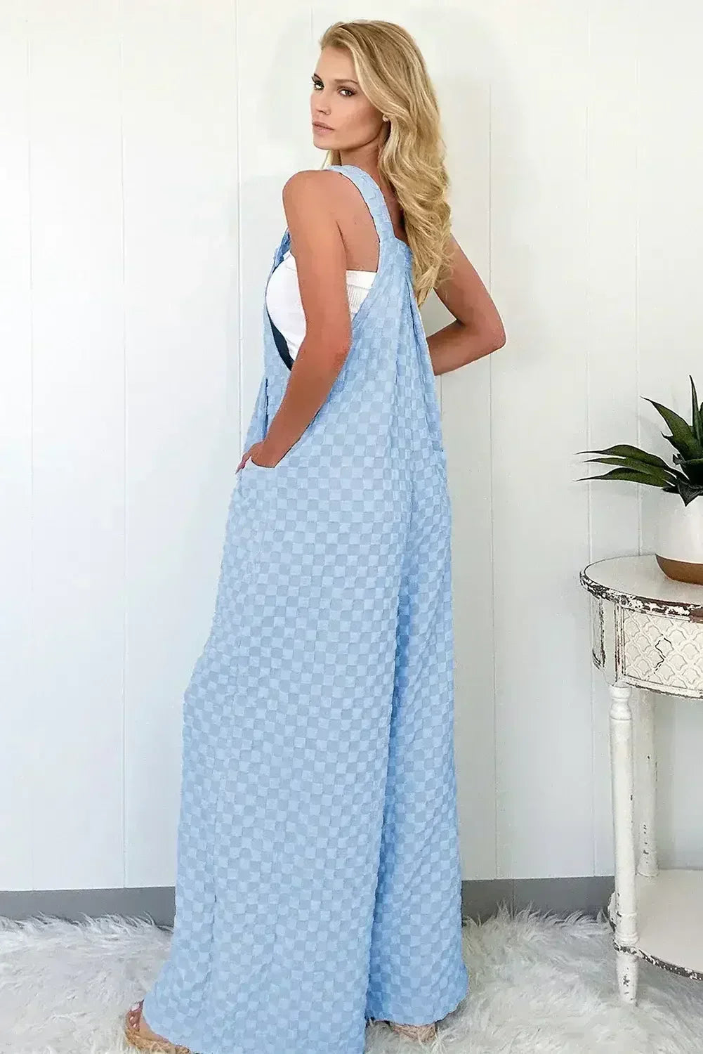 Beige Checkered Pocket High Waist Wide Leg Overall - Femstylo