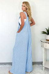 Beige Checkered Pocket High Waist Wide Leg Overall - Femstylo