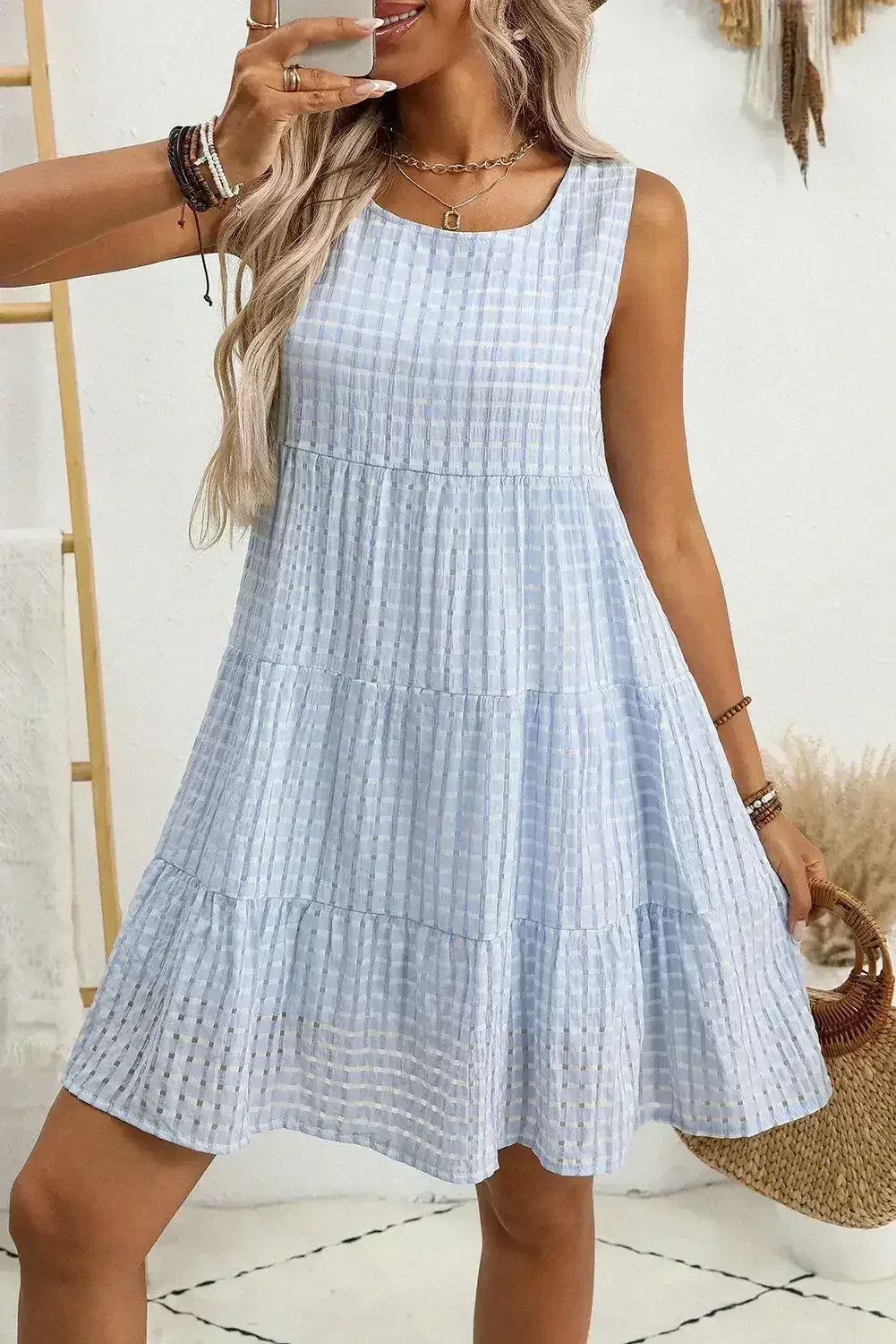 Light Blue Gingham High Waist Sleeveless Mini Dress - Femstylo