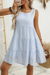 Light Blue Gingham High Waist Sleeveless Mini Dress - Femstylo