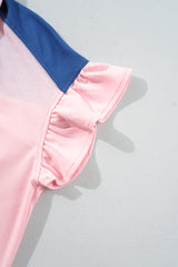 Gossamer Pink Color Block Half Buttoned Ruffled Short Sleeve Pop of Color Neckline T Shirt