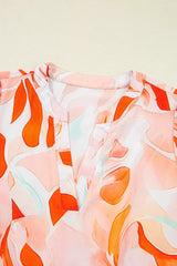 Orange Abstract Print Split Neck Long Sleeve Dress