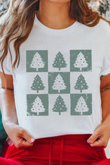 White Christmas Tree Checkered Distressed Heat Transfer Printing Graphic Tee