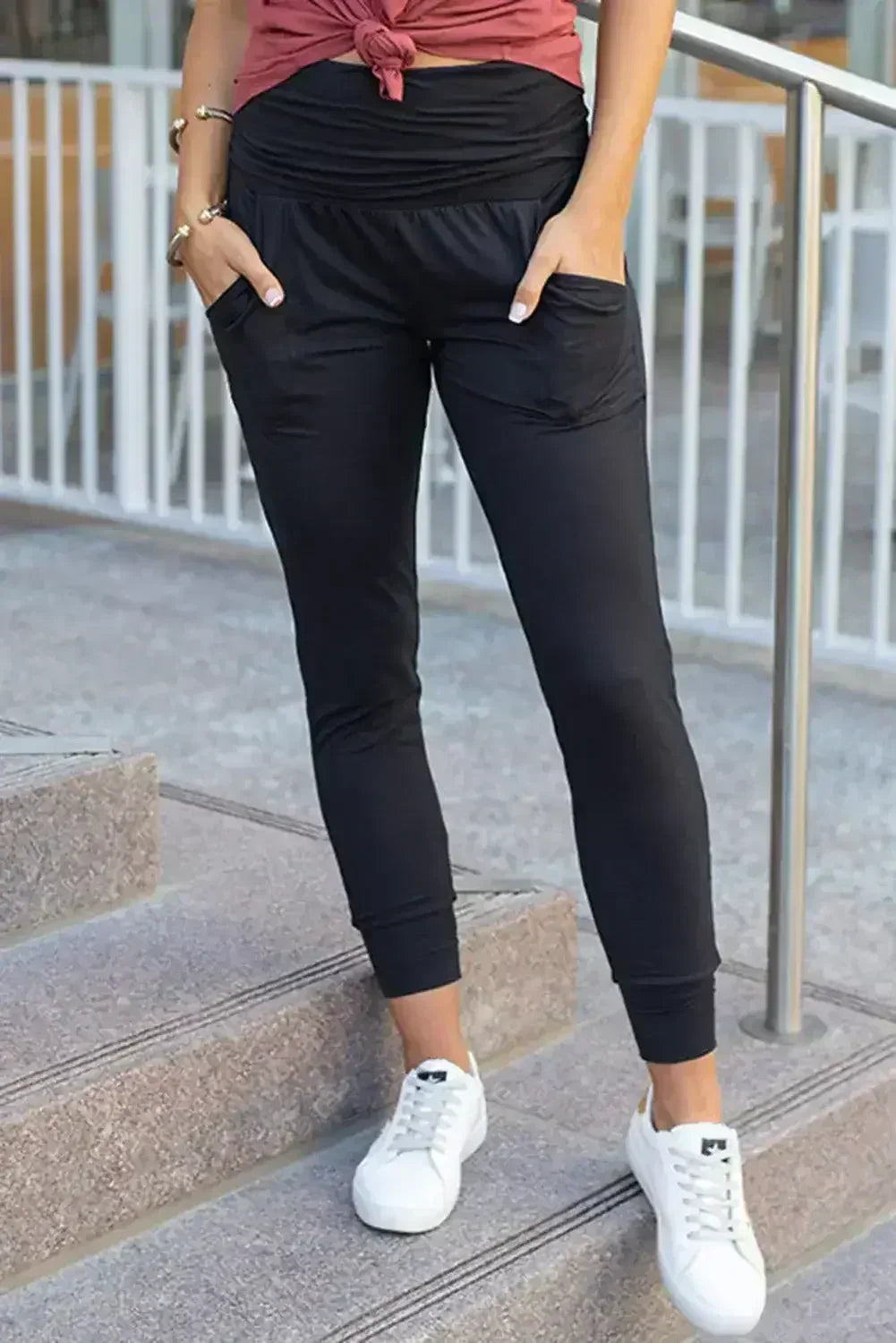 Black Pleated Casual Pocket High Waisted Leggings - Femstylo