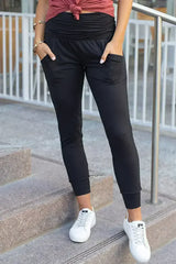 Black Pleated Casual Pocket High Waisted Leggings - Femstylo