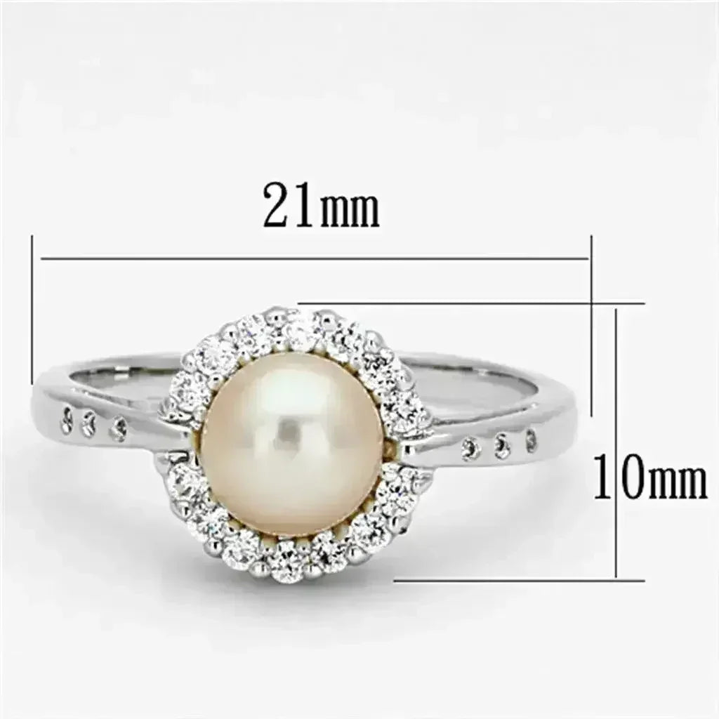3W487 - Rhodium Brass Ring with Synthetic Pearl in White - Femstylo