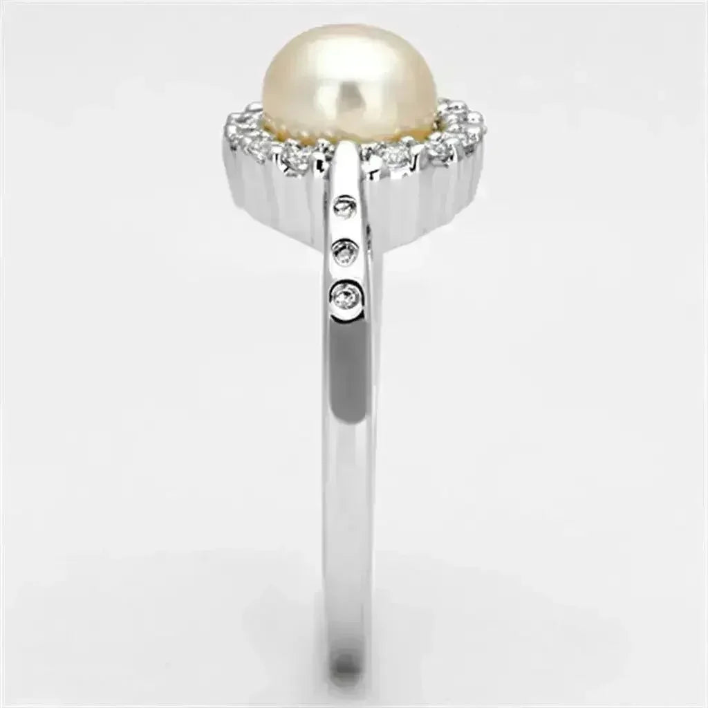 3W487 - Rhodium Brass Ring with Synthetic Pearl in White - Femstylo