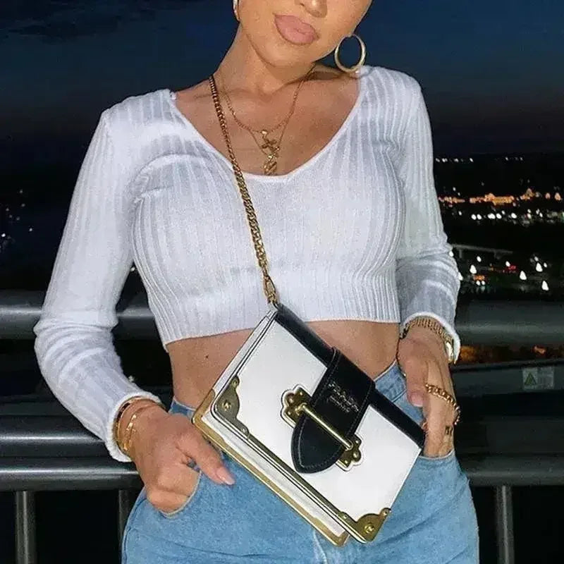 Cotton black short crop top Women autumn v neck off shoulder - Femstylo