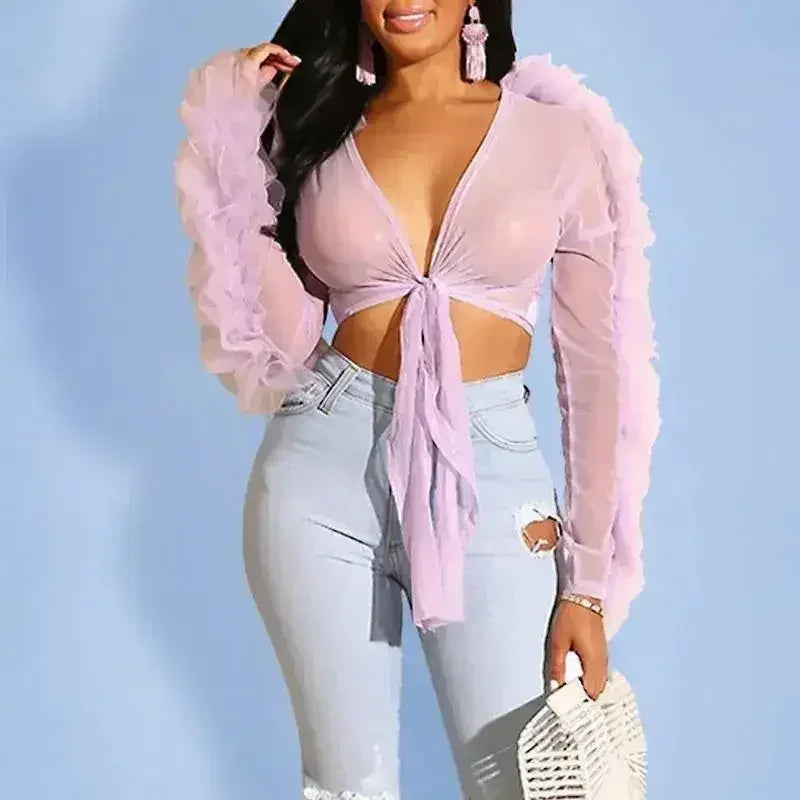 Black gothic style woven crop top women Sexy transparent club - Femstylo