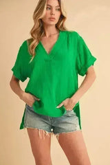 Aemi + Co Side Slit V-Neck Short Sleeve Blouse - Femstylo