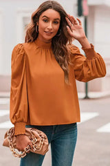 Orange Chiffon Blouse - Bubble Sleeves & Mock Neck | Femstylo - Femstylo