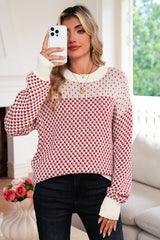 Red Colorblock Bishop Sleeve Knit Sweater