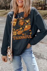 Dark Grey Twisted Ribbed THANKFUL Fall Fashion Heat Transfer Printing Baggy Sweatshirt